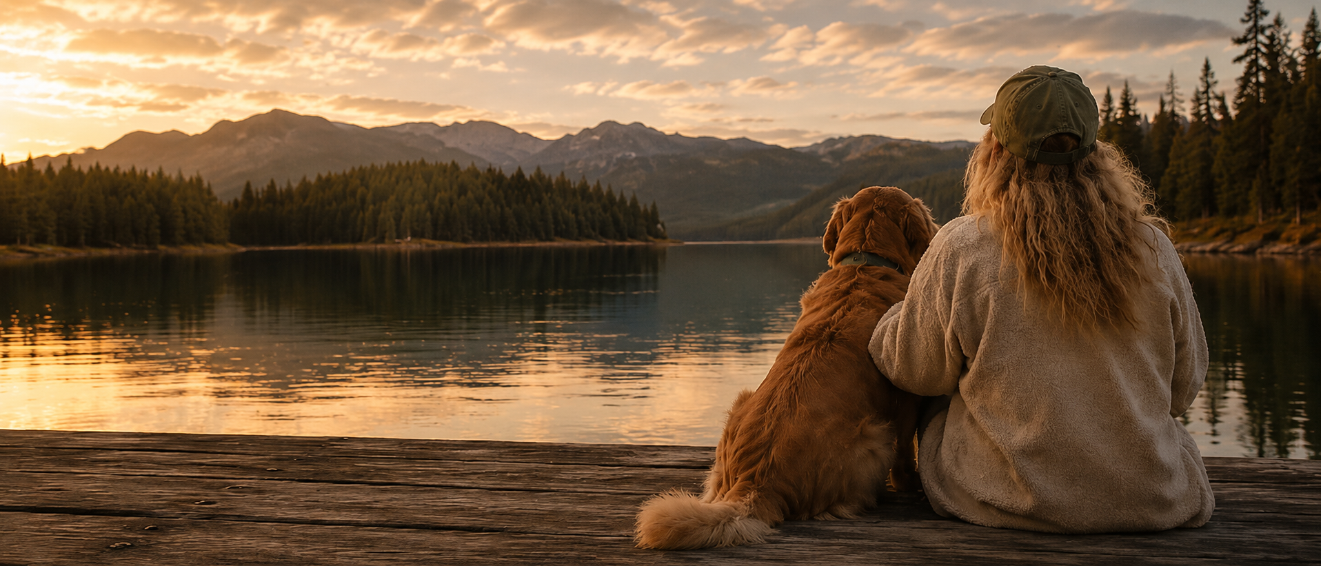 Nugget and a pet parent sitting together by a mountain lake at sunset