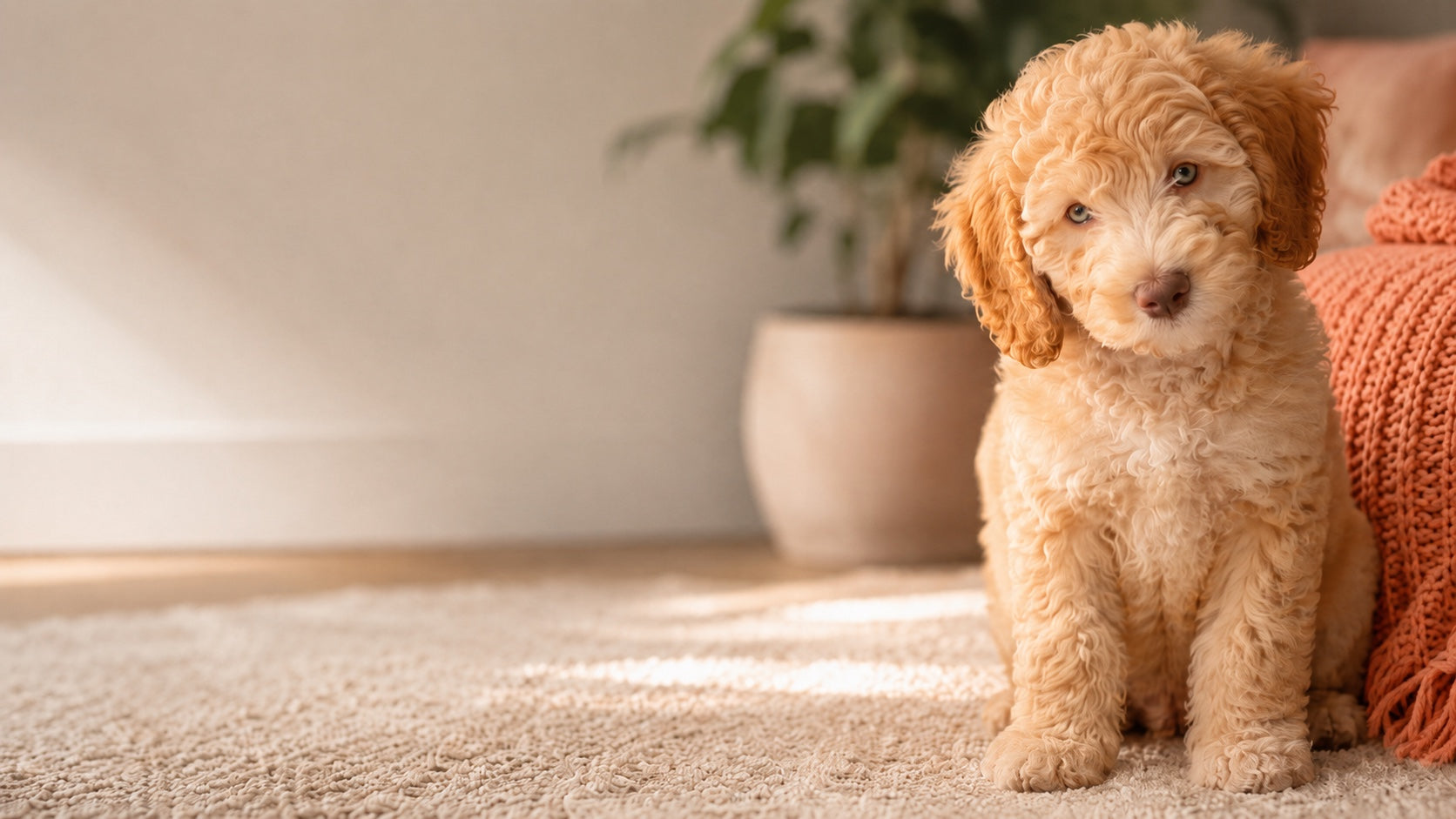Baby Nugget the Labradoodle sitting in a warm home setting